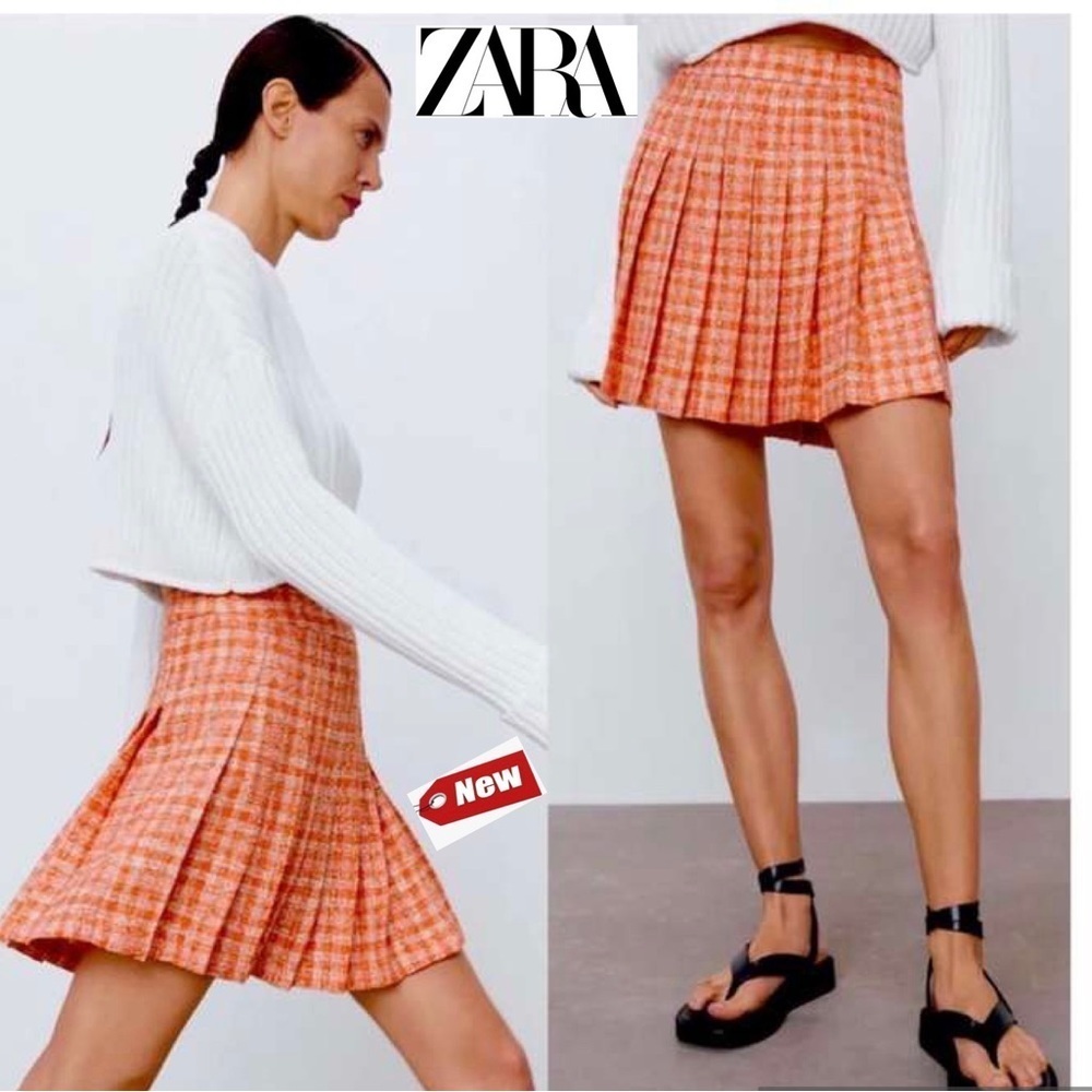 NWT Women ZARA TEXTURED HIGH WAISTED BLOGGERS FAV PLEATED SKIRT S orange white